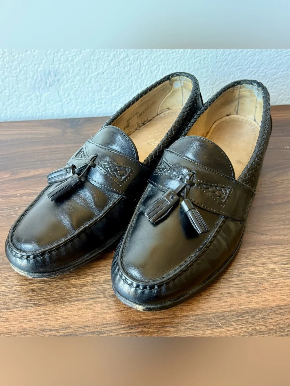 Allen Edmonds Maxfield Black Leather Loafers Men’s 9.5 E USA Woven Trim